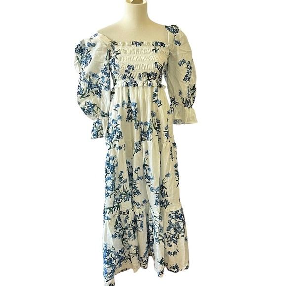 ESPECIA MAXI DRESS M FLORAL COTTON SMOCKED OFF SHOULDER SLEEVES SUMMER FEMININE - Picture 2 of 13